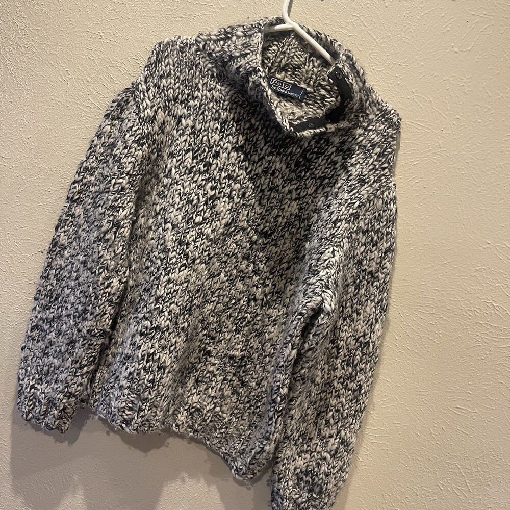Polo Ralph Lauren Hand Knit Wool Chunky Mock Neck Sweater Gray Black White L